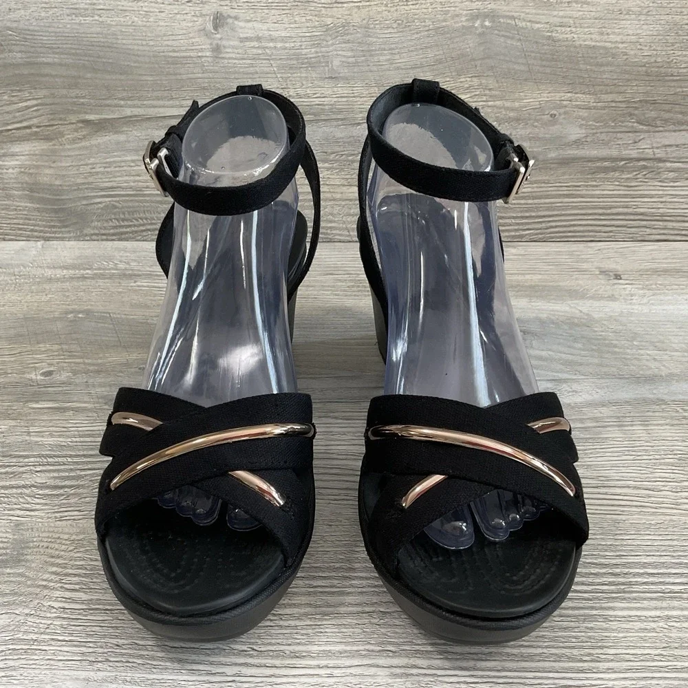 Crocs Leigh II Womens Size 11 CrossStrap Metalblock Ankle Wedge Black Sandals